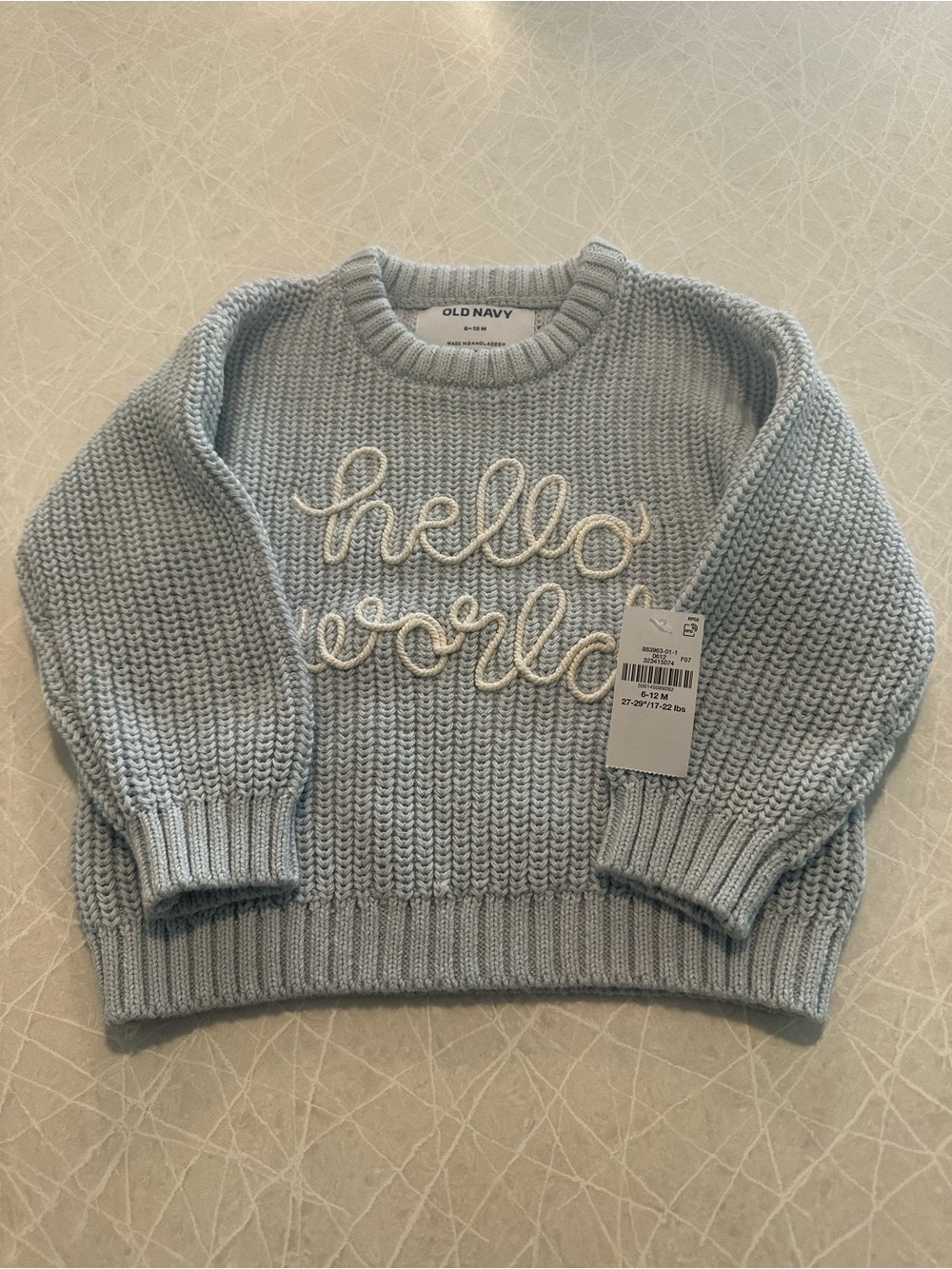 Old Navy Light Blue Knit Crewneck Sweater with "hello world" Embroidery